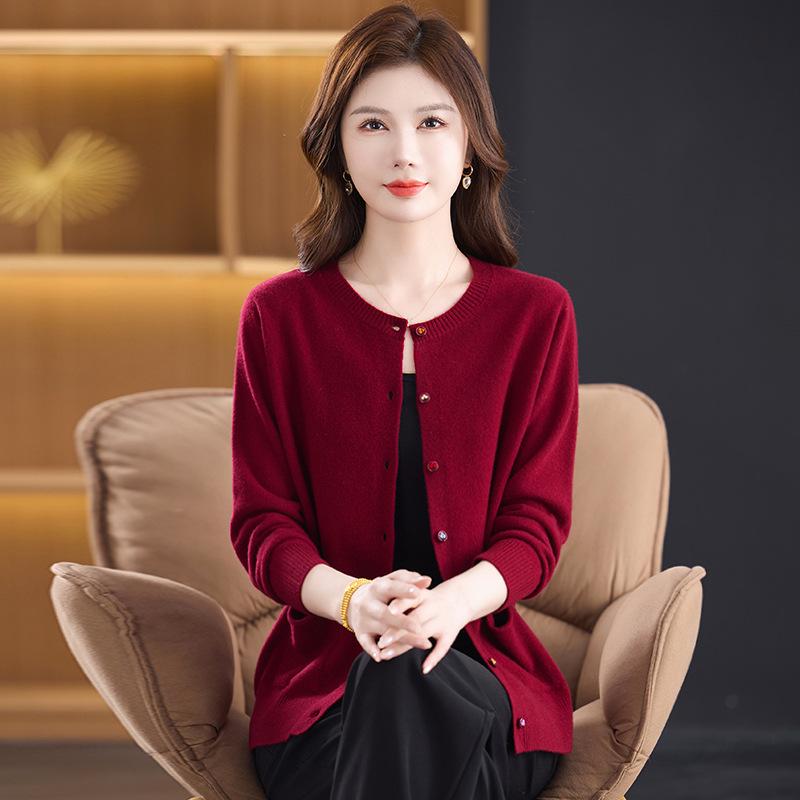 Женский кардиган из 100% чистой шерсти - Новый осенне-зимний свитер с круглым вырезом для мамы