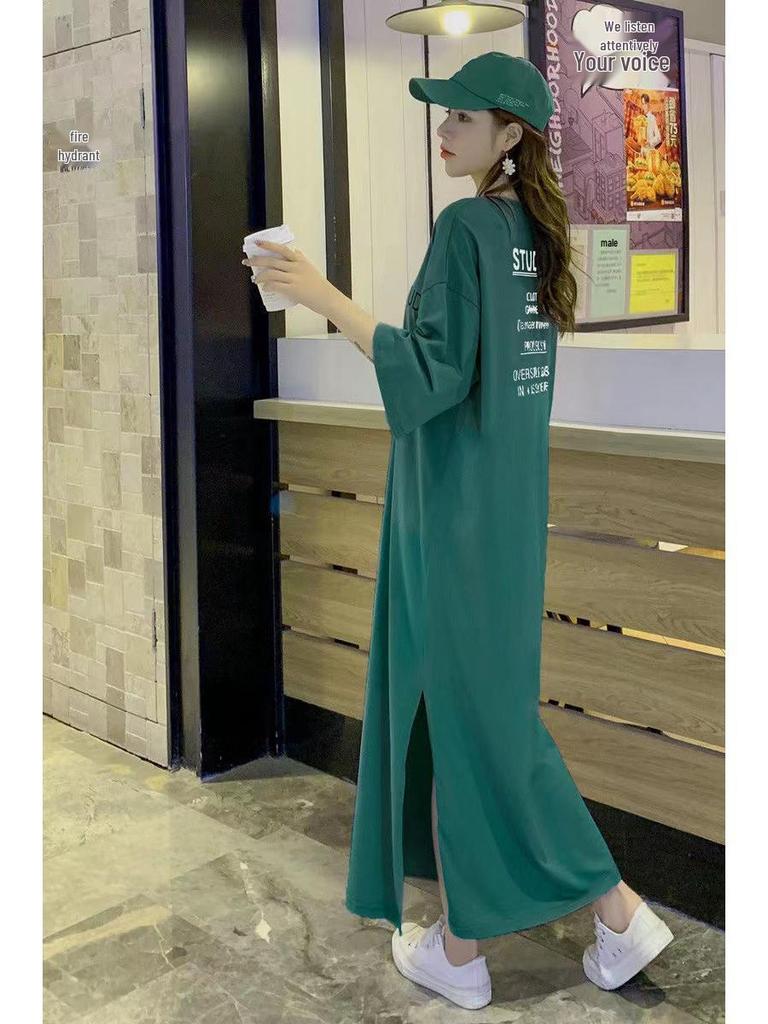 Летнее платье-футболка оверсайз с принтом букв - Короткие рукава, Длина до колена