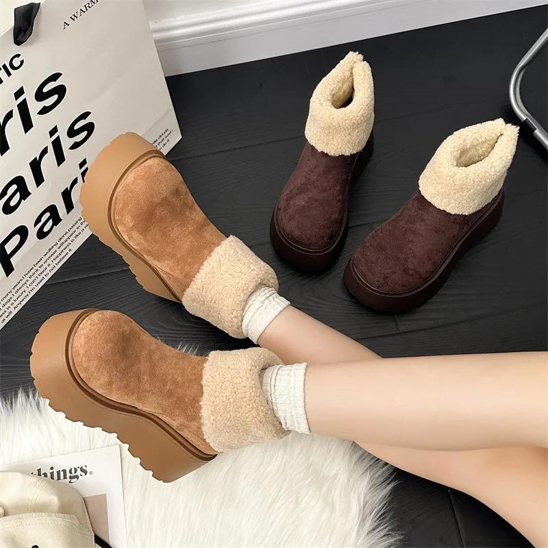 Fashion Snow Boots Women's Winter New Retro Thick Soled Height Increasing Cotton Boots Fashionable Round Toe Flanged Cotton Boots