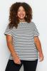 Women's Style Plus Size Black-White Striped Boat Neck Knitted T-shirt