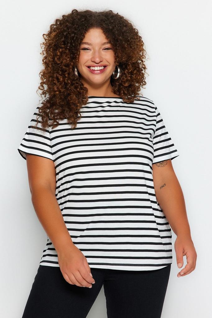 Women's Style Plus Size Black-White Striped Boat Neck Knitted T-shirt
