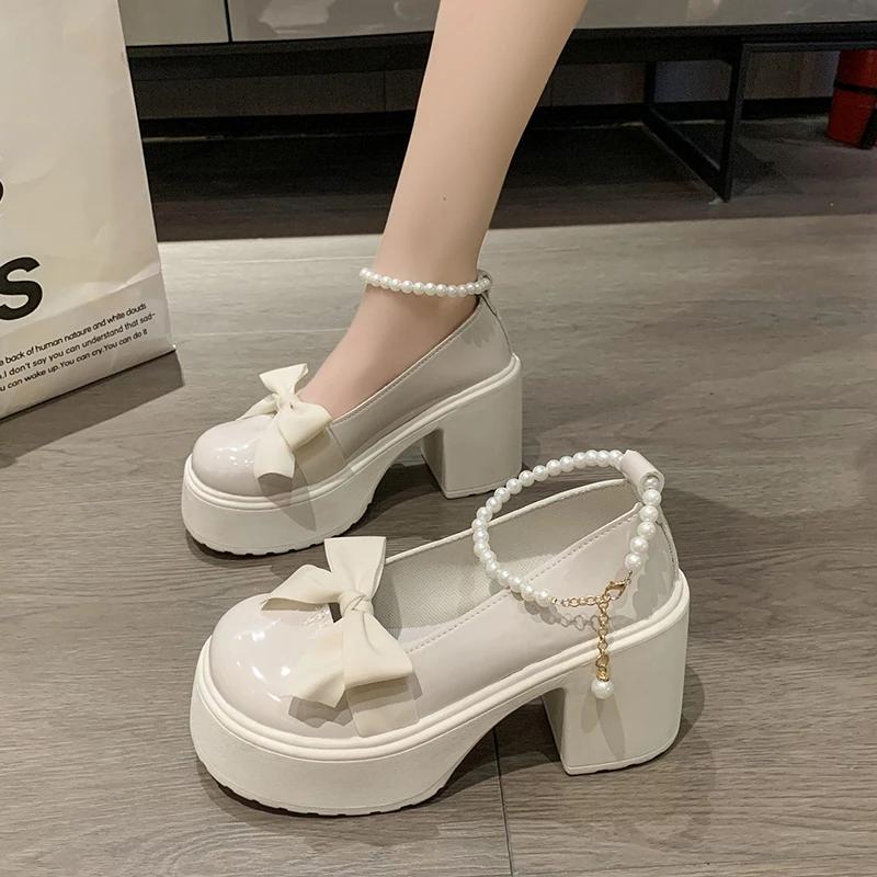 Модные женские туфли Мэри Джейн на толстой подошве на высоком каблуке для вечеринок 2024 года, осенние туфли с бантом и цепочкой, женская обувь, мода