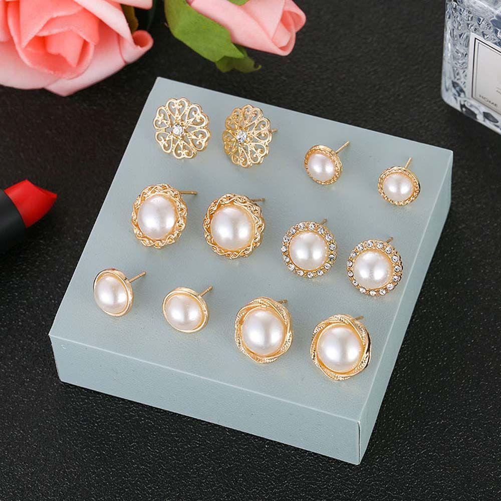 6 Pair/Lot For Women Round Simulated Pearl Flower Stud Earrings Earring Sets Accessories Jewelry