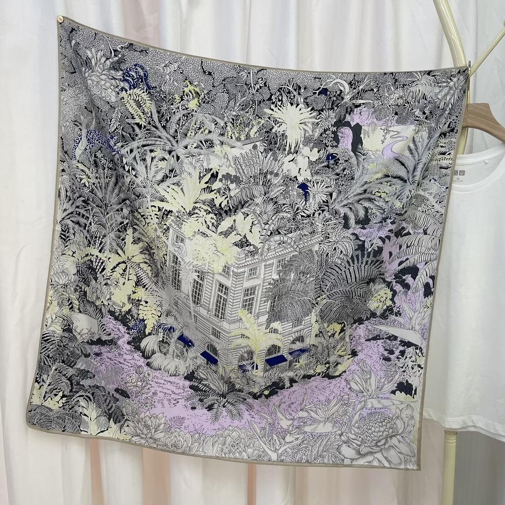 New European American and Korean Printed Silk Scarf with Large Square Scarf Versatile High-end Twill Sunscreen Decorative Shawl Scarf for Women