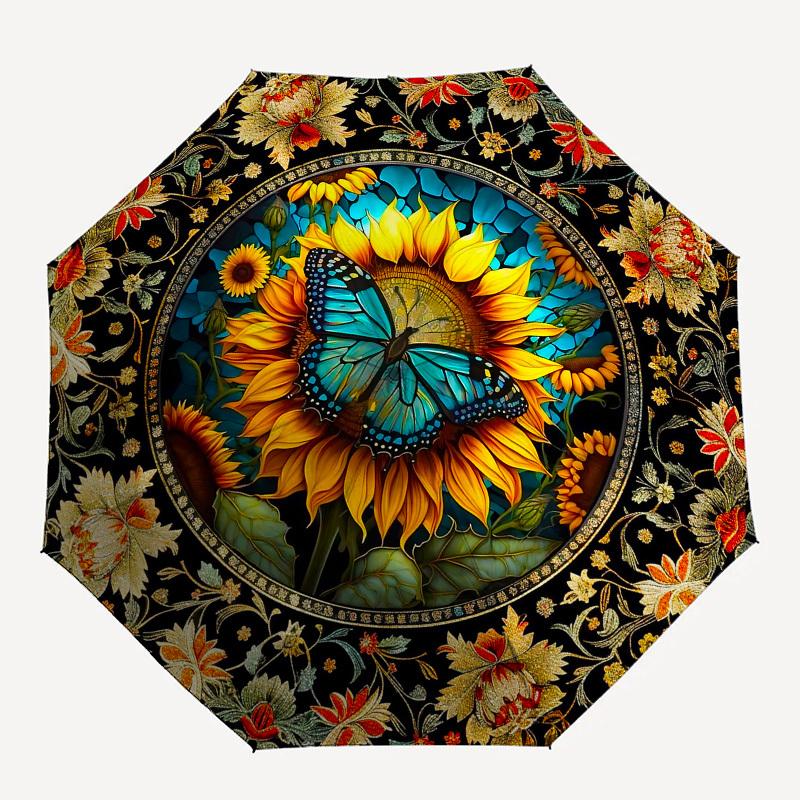 Butterfly SunflowerThemed Automatic Opening and Closing Umbrella - 8 Ribs, Suitable for Leisure and Going Out, Outdoor Accessory, Gothic Sty