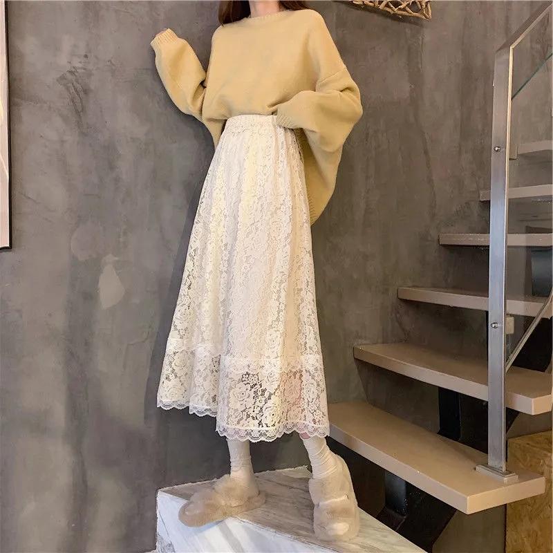 Female Lady Korean Style Black White Blue Lace Midi Skirt Women Spring Autumn Cute Elegant Office A-line Skirt