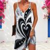 Women Plus Size Light Beige V Neck Double Straps Floral Printed Sleeveless Curved Hem Mini Dress