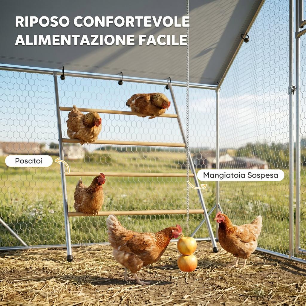 6m² Chicken Run for 6-8 Animals with Waterproof Roof, Feeder and Perch, 3x2x1.9m, Silver