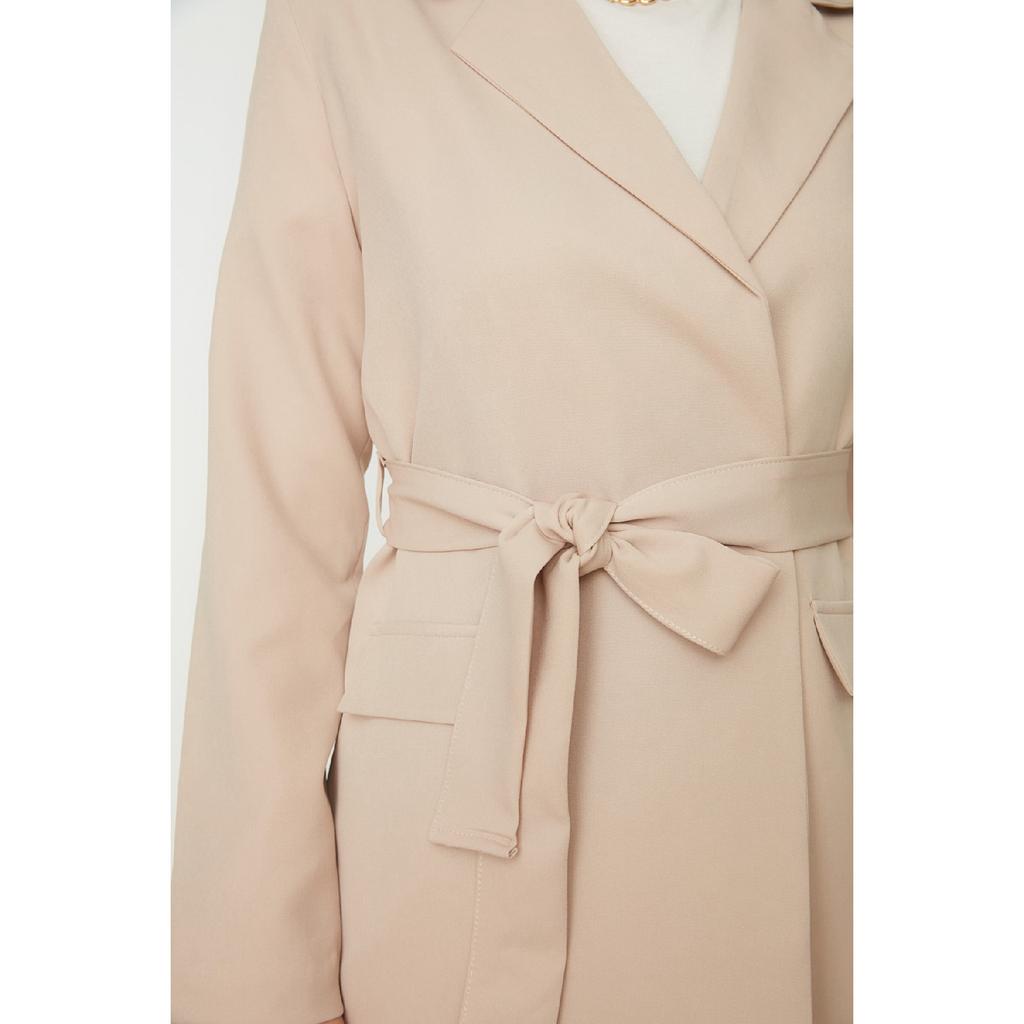 Бежевый тканый пиджак с поясом и карманами Tctaw22ck0031