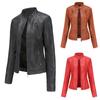 Women's Slim Leather Stand-Up Collar Zipper Stitching Solid Color Jacket
