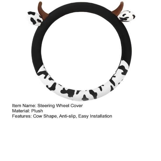 Cow Car Steering Wheel Cover with Horns Ears Anti Slip Sweat Absorption Comfortable 15 Inch Universal Women Auto Steering Wheel Protector Car