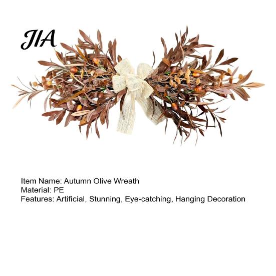 Full Artificial Autumn Wreath 23.6" Olive Wreath, Faux Fall Leaf Teardrop Swag, Door Hanger for Thanksgiving with Burlap Bow Front Door, Wall, Mantel,
