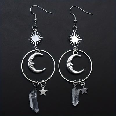 Серебристые Солнце, Луна, Звезда, искусственные кристаллы, висячие серьги, милый стиль, ювелирные изделия из сплава, нежный женский подарок