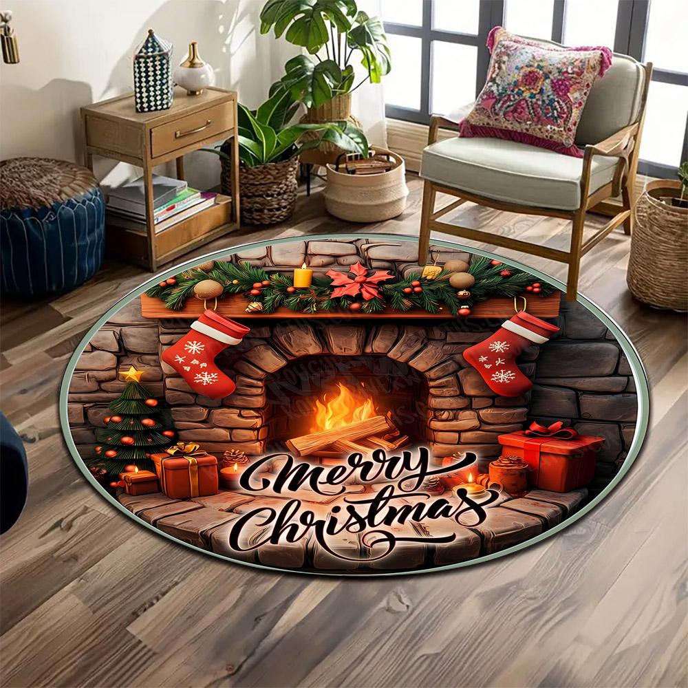 "Cozy Christmas Fireplace Scene" Print round rug, living room, bedroom, playroom carpet, non slip floor mat, gift