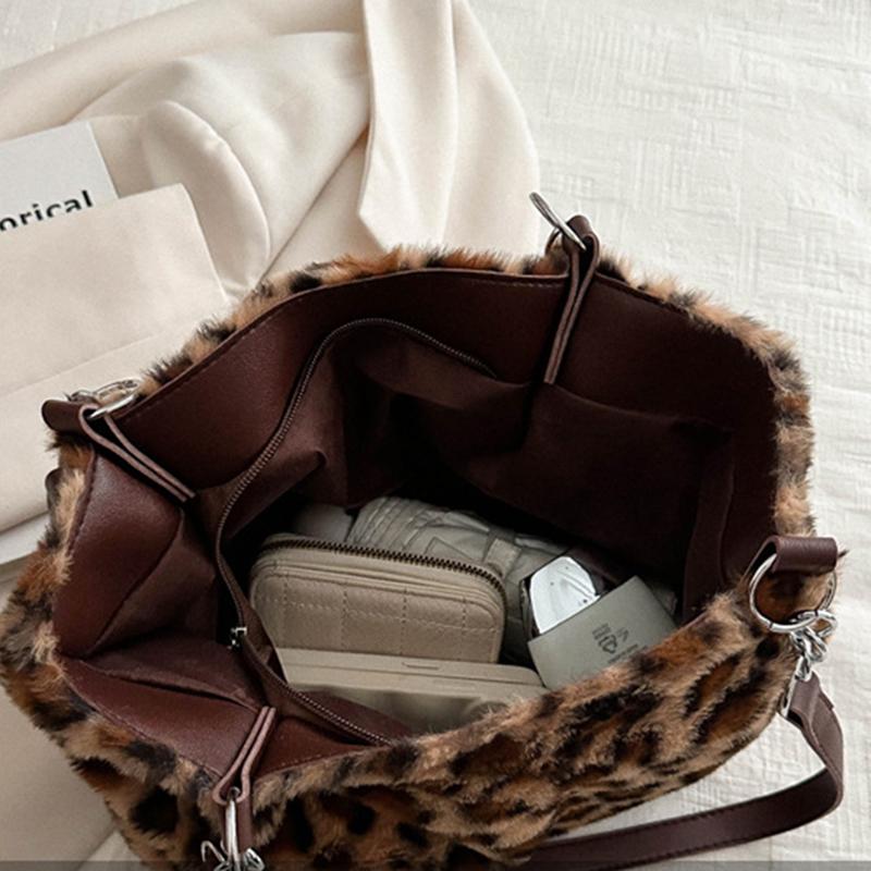 Теплая плюшевая сумка через плечо с леопардовым узором для путешествий, женская, большая вместительная сумка-тоут с цепочным декором, винтажная мягкая сумка из искусственного меха с ручкой сверху, MIT