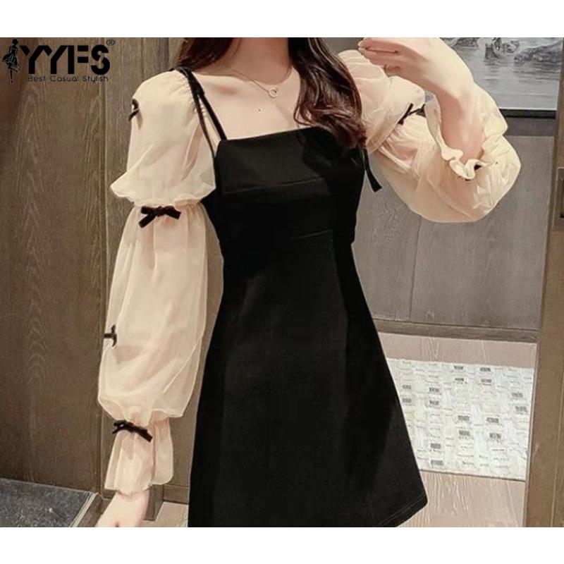 YYFS Women's Fashion Spring Fall Solid Color Print Long Sleeve Square Collar High Waist Casual Dresses