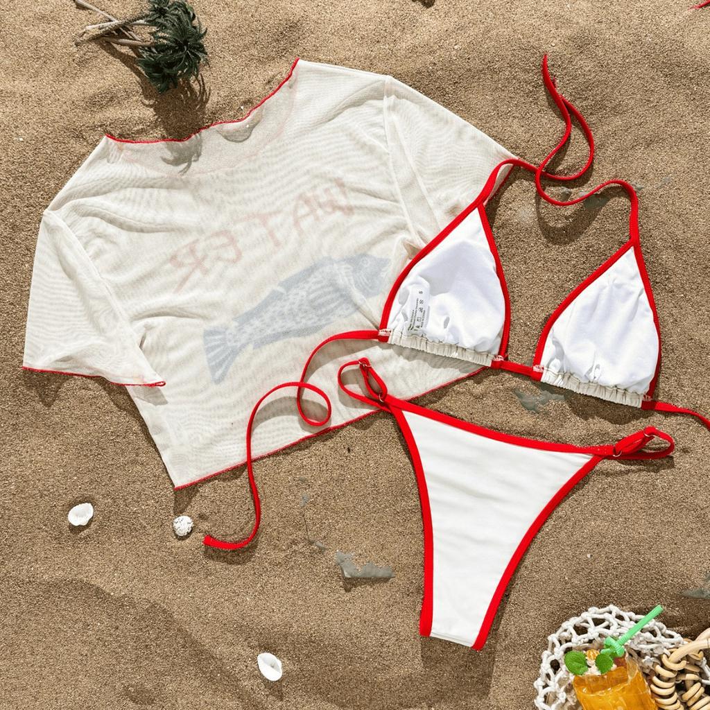 1011 new European and American printed three-piece swimsuit women's conservative lace-up bikini short-sleeved swimsuit