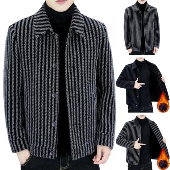 Мужская куртка с отложным воротником и длинным рукавом в полоску, однобортный, толстый, теплый кардиган, свободный, плюс размер, средней длины, повседневное мужское пальто в деловом стиле