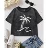 Simple Coconut Tree Print Washed T-Shirt Women Slim Y2K Crop Tee Shirts Cotton Summer Tops Short Sleeve Female