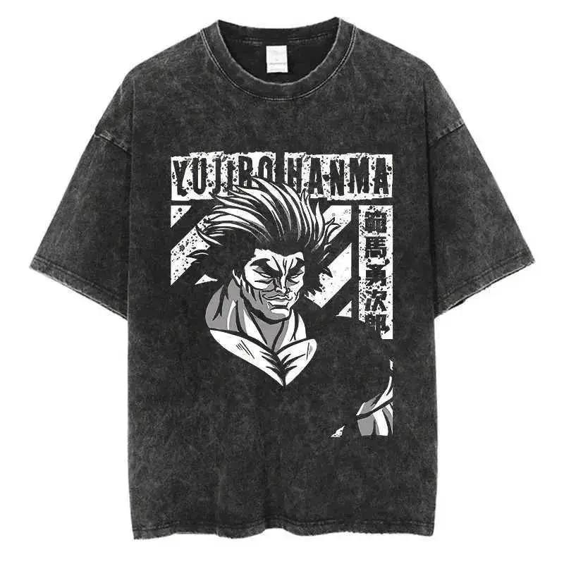 Baki Yujiro Hanma Clothing Men Women Short Sleeve Tshirts Washed Cotton Tee Vintage Oversized T-shirt Casual Street Streetwear