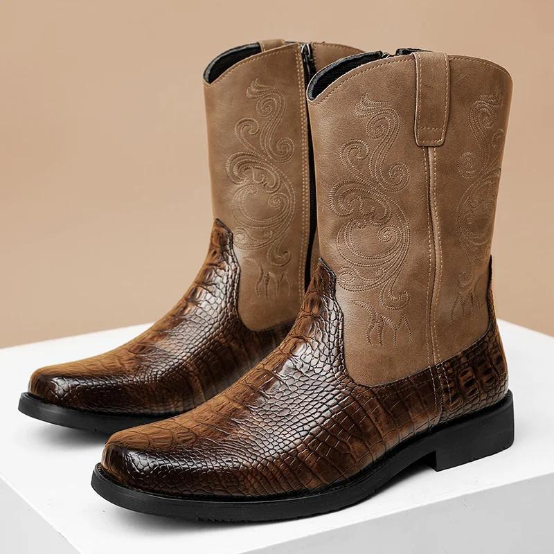 Сапоги Western Motorcycle Knight Cowboy Boots Men High Quality Вышитые кожаные сапоги Mid икры Натуральная кожаная мужская обувь с высоким верхом