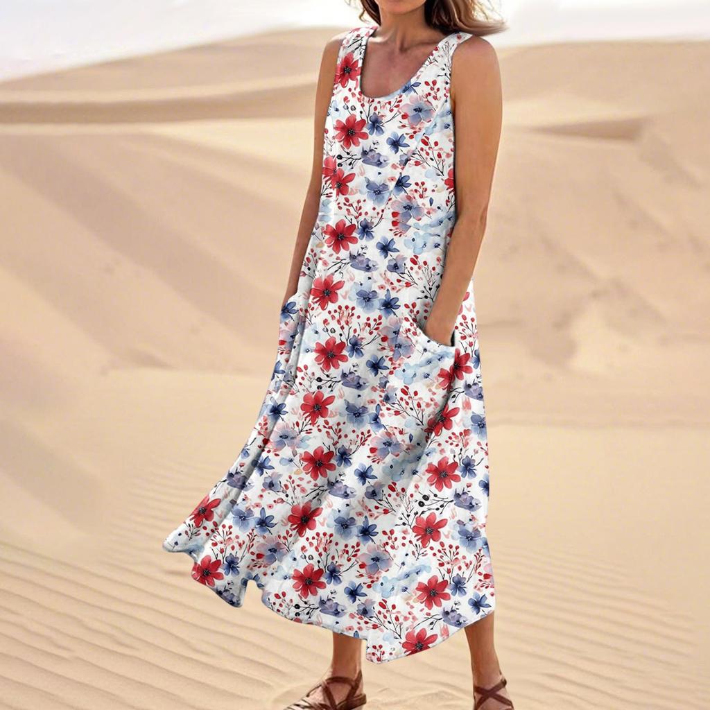 Women's Summer Casual Fashion Flower Printed Sleeveless Pocket Dress