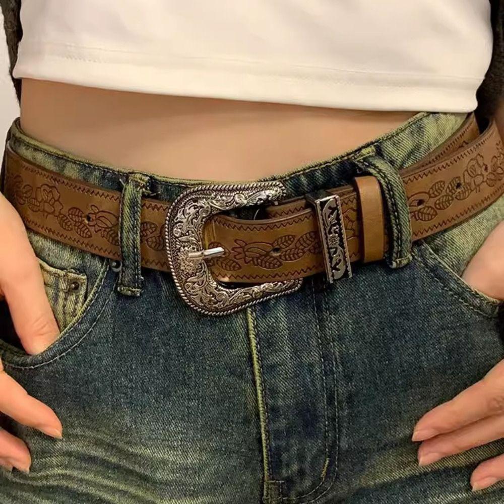 Vintage Printed Ethnic Style Belt Y2k Pants Decorative Gothic PU Leather Belt Female