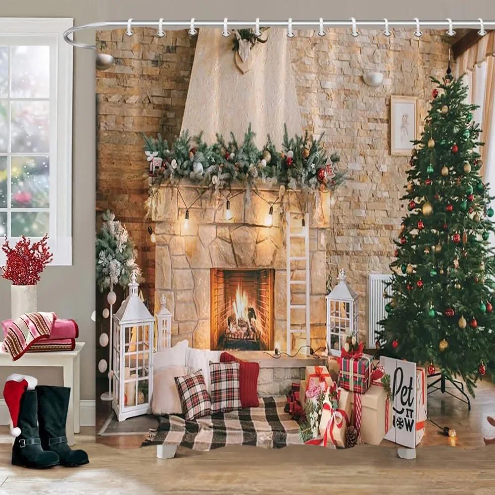 Merry Christmas Shower Curtain Winter Red Truck Snowman Reindeer Snow Farmhouse Shower Curtain Washable Polyester Bathroom Decor