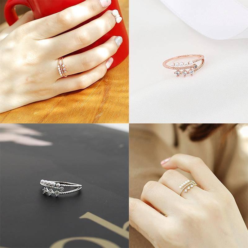 Stylish Korean Fashion Lightweight Adjustable Pearl And Zirconium Ring For Women