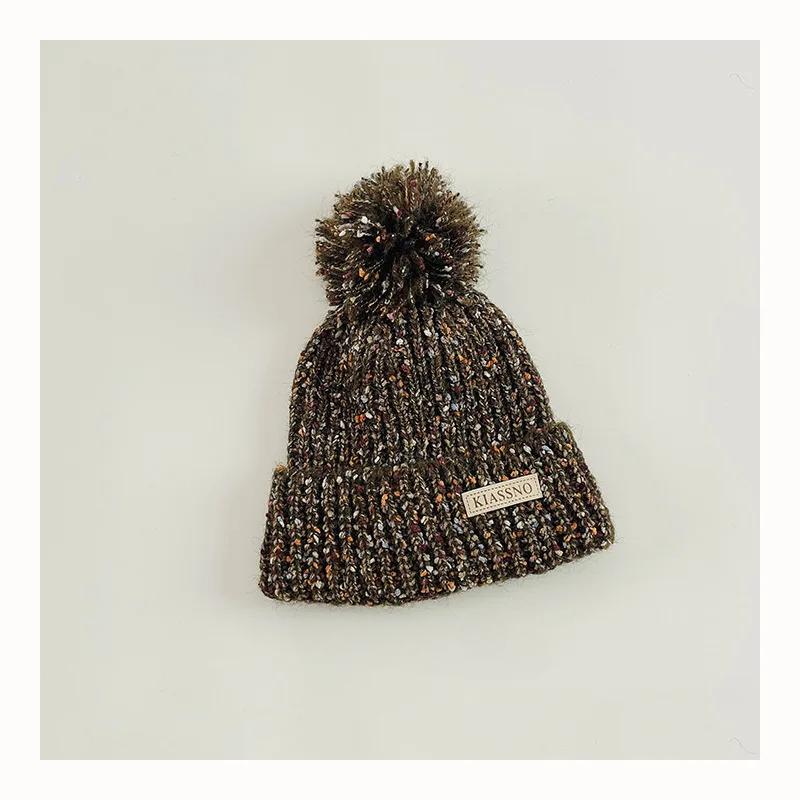 Шикарная теплая детская шапочка для мальчика и девочки, модная ретро вязаная шапка, пушистый шарик, осень-зима, теплая флисовая плюшевая детская вязаная шапочка