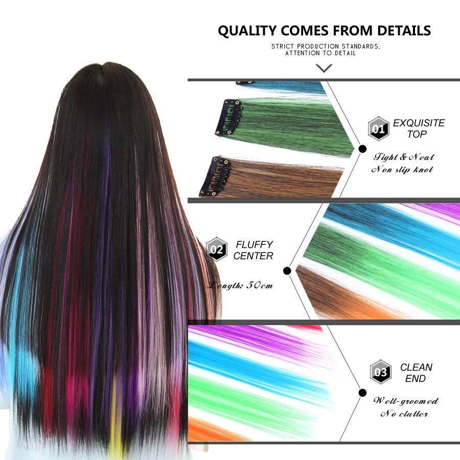Clip In One Pieces Hair Extensions Straight Ombre Purple Blue Pink Extension Hair Women Synthetic False Fake Hair