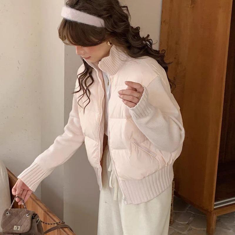 Зимняя новая вязаная рукава вставка пуховик женский пух белой утки высококачественная приталенная модная куртка
