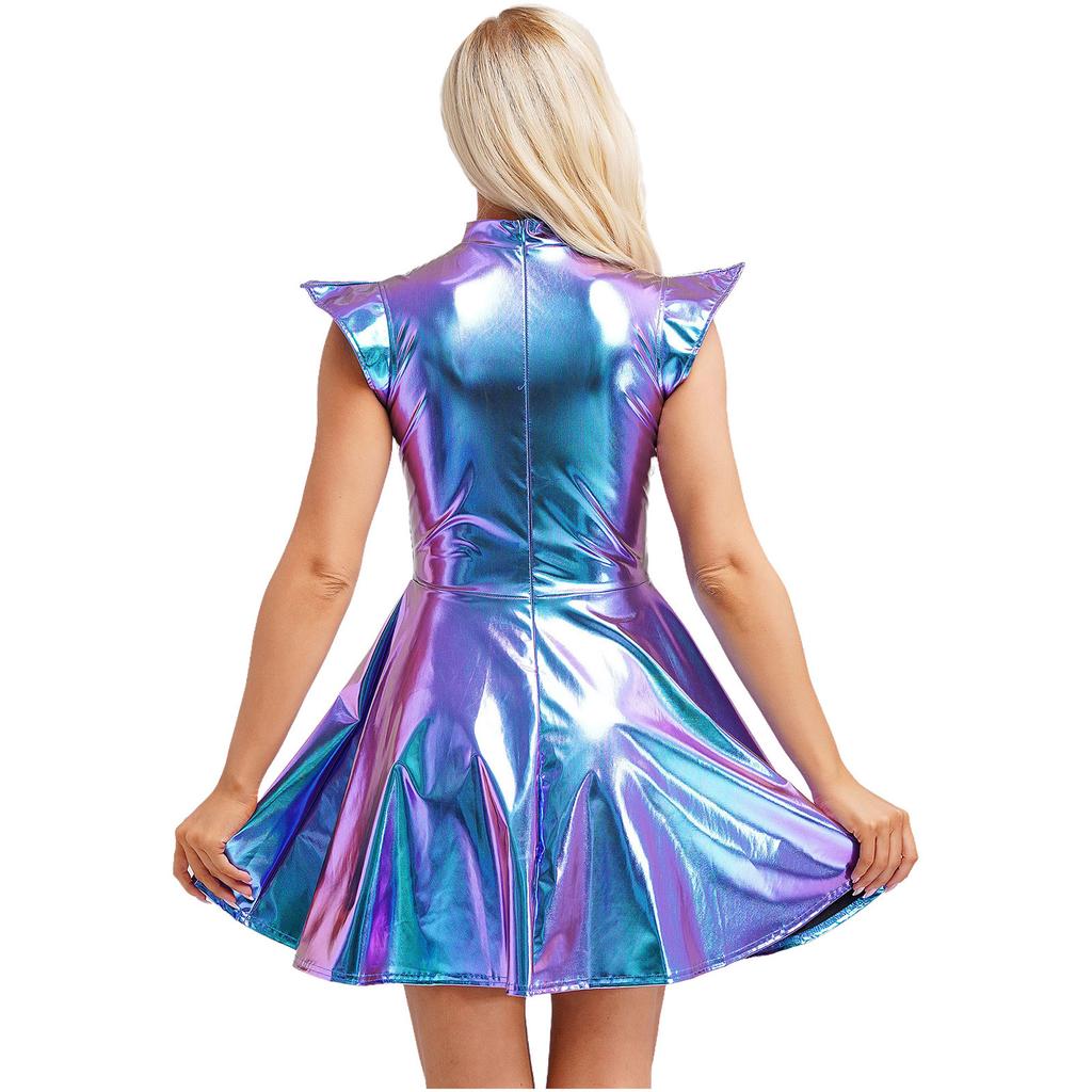 Women's Halloween Party Dress - Shiny Metallic A-line with Mock Neck & Cap Sleeves Fashion Bar Club Wear