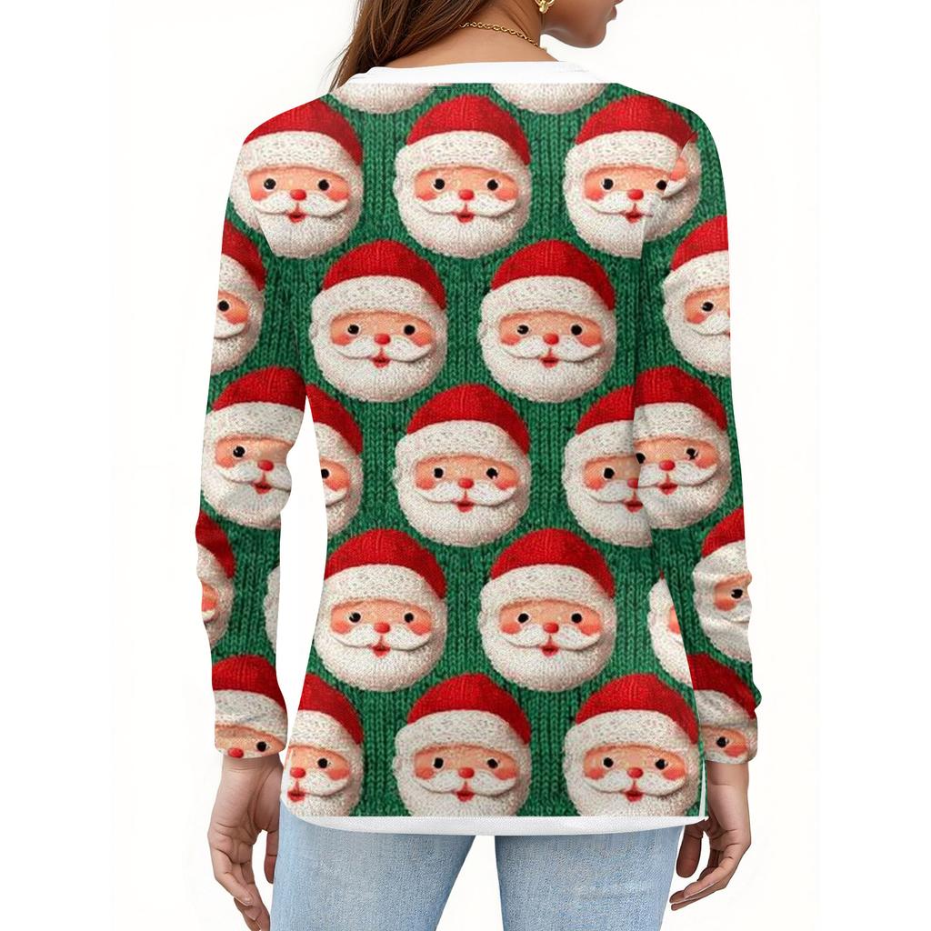 Women's Fashion Hem Slit Casual Christmas Printed Round Neck Long Sleeve Top