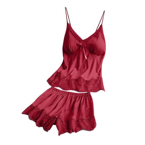 Women's Satin Pajamas Set Lace And Shorts Two Cami Top Piece Sleepwear with Built-in Bra Sexy