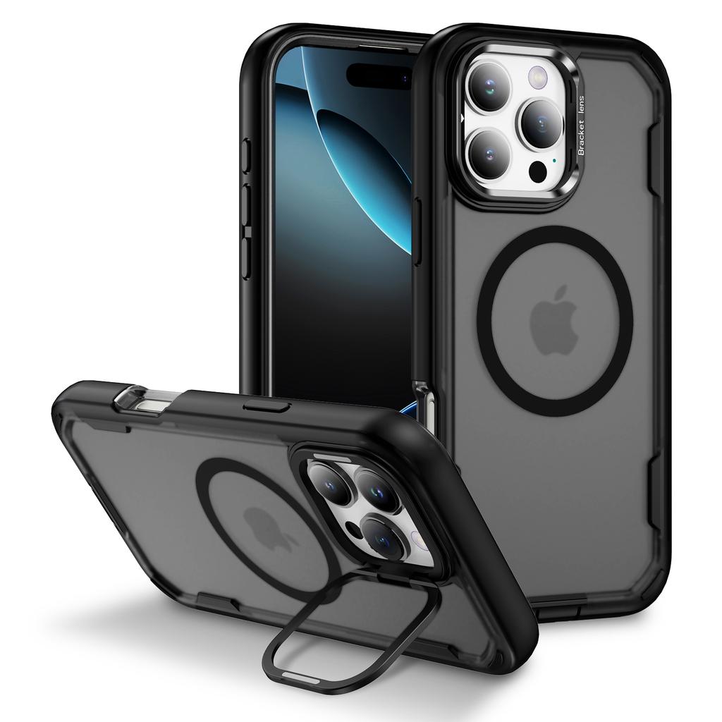 For iPhone 16 Pro Case Compatible with MagSafe Lens Frame Kickstand TPU+PC Shockproof Phone Cover