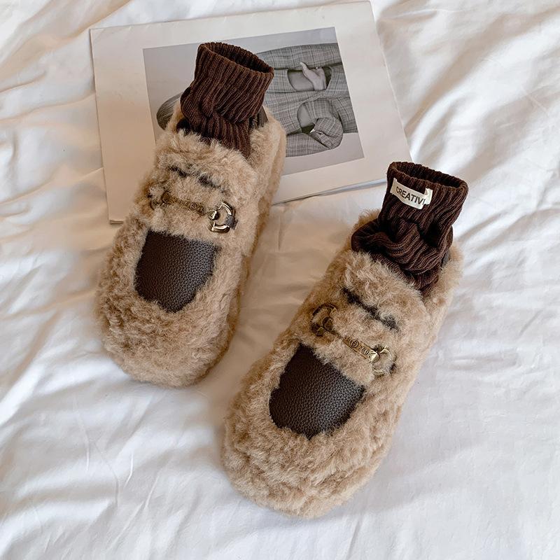 Французские туфли Мэри Джейн на пушистой подошве для женской верхней одежды 2025 зима новая бархатная теплая обувь-лоферы Doudou на одной педали из хлопка