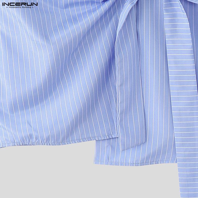 INCERUN Мужские весенние рубашки с отложным воротником, длинным рукавом, боковым перекручиванием, в полоску