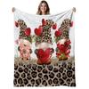 1pc Valentine Gnomes Flannel Blanket - Soft Warm 280gsm Plush Gnome & Hearts Design (Red/Green/Brown) with Leopard Print Bedspread - All-Season Couch