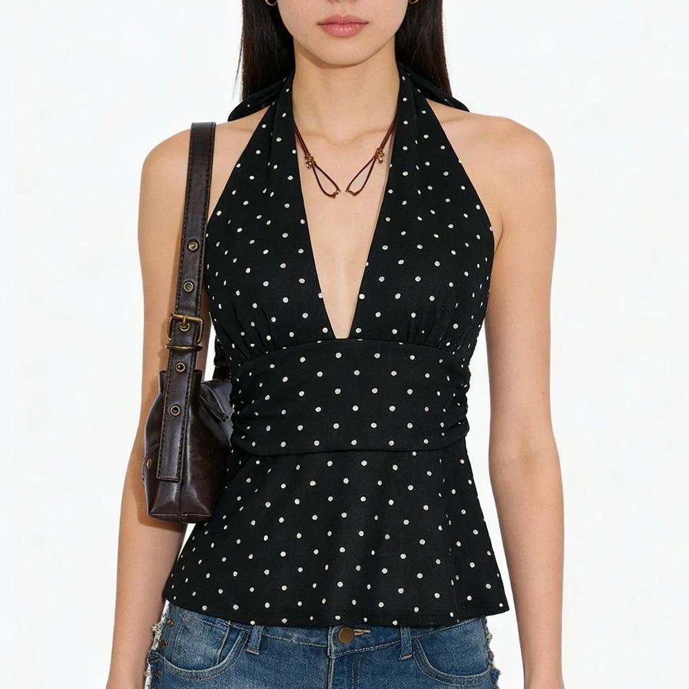 Deep V Neck Women Crop Top Sleeveless Hanging Neck Top Fashion Lace-up Dots Camisole Party