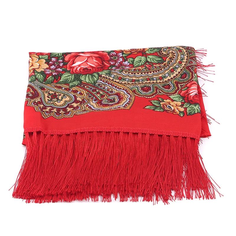 Women's Vintage Floral Print Shawl - Square Ethnic Scarf With Four-Sided Tassels For Travel & Dust Protection