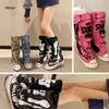 Fashion Graffiti 2025 New High Top Canvas Shoes Women's Spring Boots Wide Barrel Mid Barrel Boots 2025 New Trouser Barrel Stacking Boots