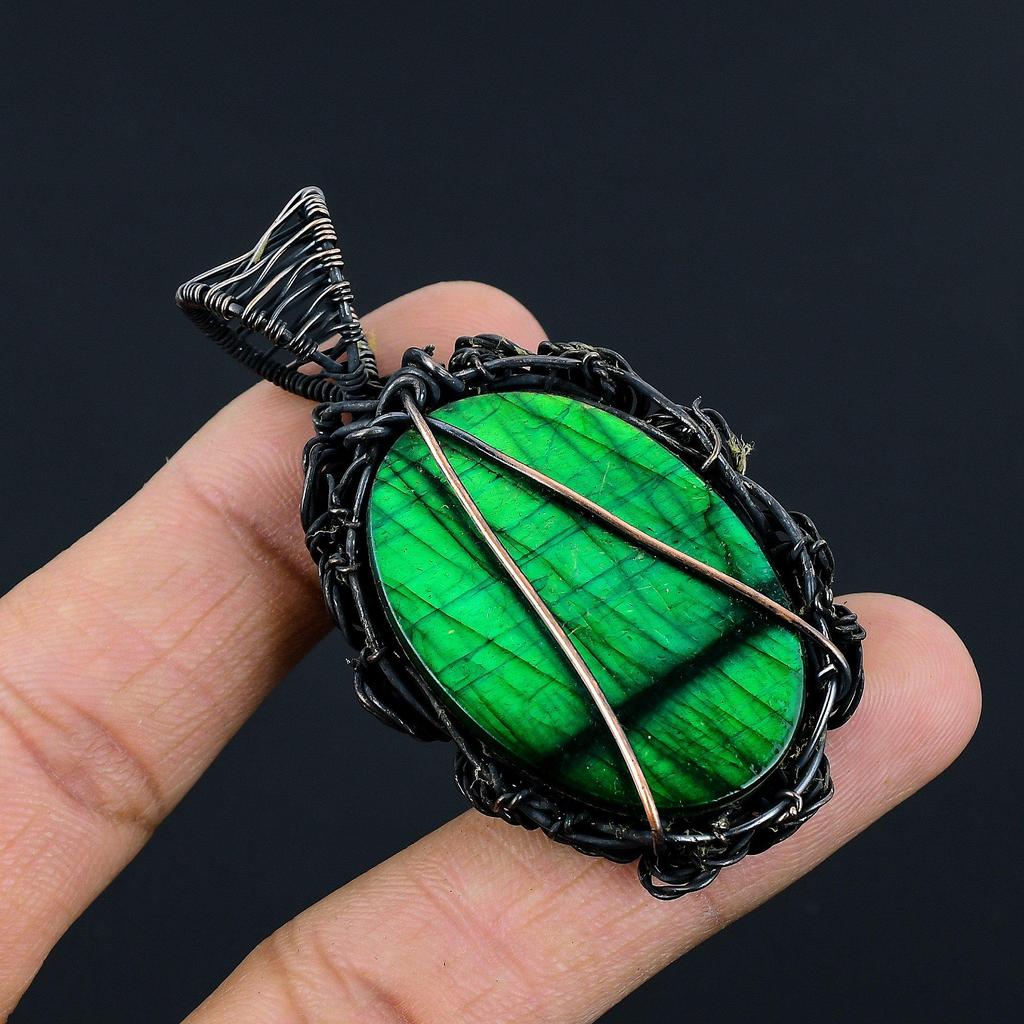 Подвеска из лабрадорита с зелёной вспышкой, ювелирное изделие из драгоценного камня, подвеска с обмоткой из медной проволоки 999 пробы, украшение ручной работы, подвеска с камнем-талисманом, подарок для него