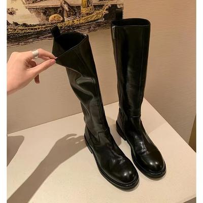 Виноградная мама тот же стиль, сумеречный Париж~ ботинки-рыцари из лошадиной кожи с круглым носком и толстым каблуком на боковой молнии на толстой подошве, высокие ботинки