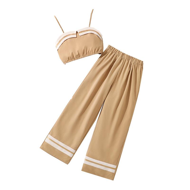 Новый летний костюм для девочек с подтяжками и широкими брюками с высокой талией, повседневный костюм для детей 8-12 лет