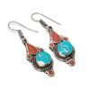 Turquoise Red Coral Gemstone Earrings Tibetan Tribal Nepali Jewelry 2.4" NE 5364