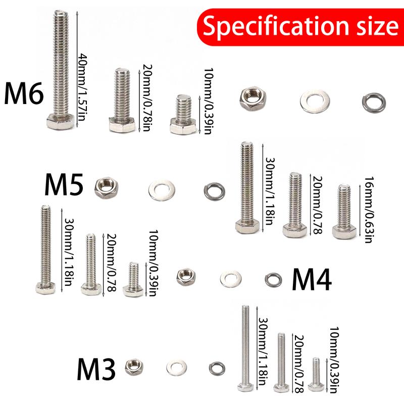 535-piece hexagon head bolts, nuts and flat washers kit, M3/M4/M5/M6 heavy duty stainless steel full thread