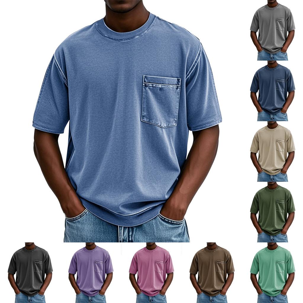 Men's Summer Solid Color Round Neck Loose Pocket Short Sleeve Top