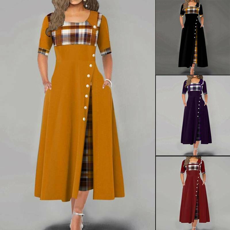Women Casual Irregular Plaids Button Maxi Dress Half Sleeve Plus Dress Size