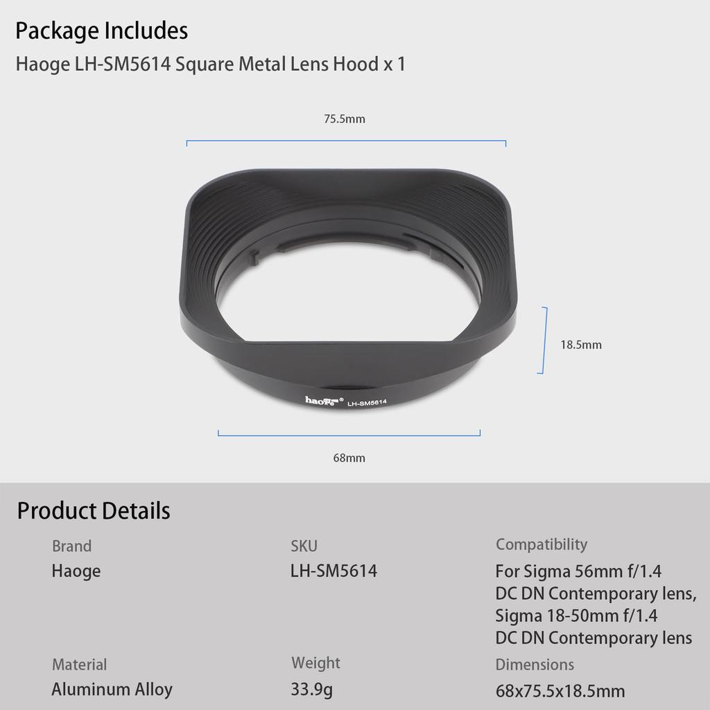 Металлическая бленда Haoge Bayonet Square Sigma 56mm DC DN для современного объектива F1.4, 18-50mm F2.8, LH-SM5614